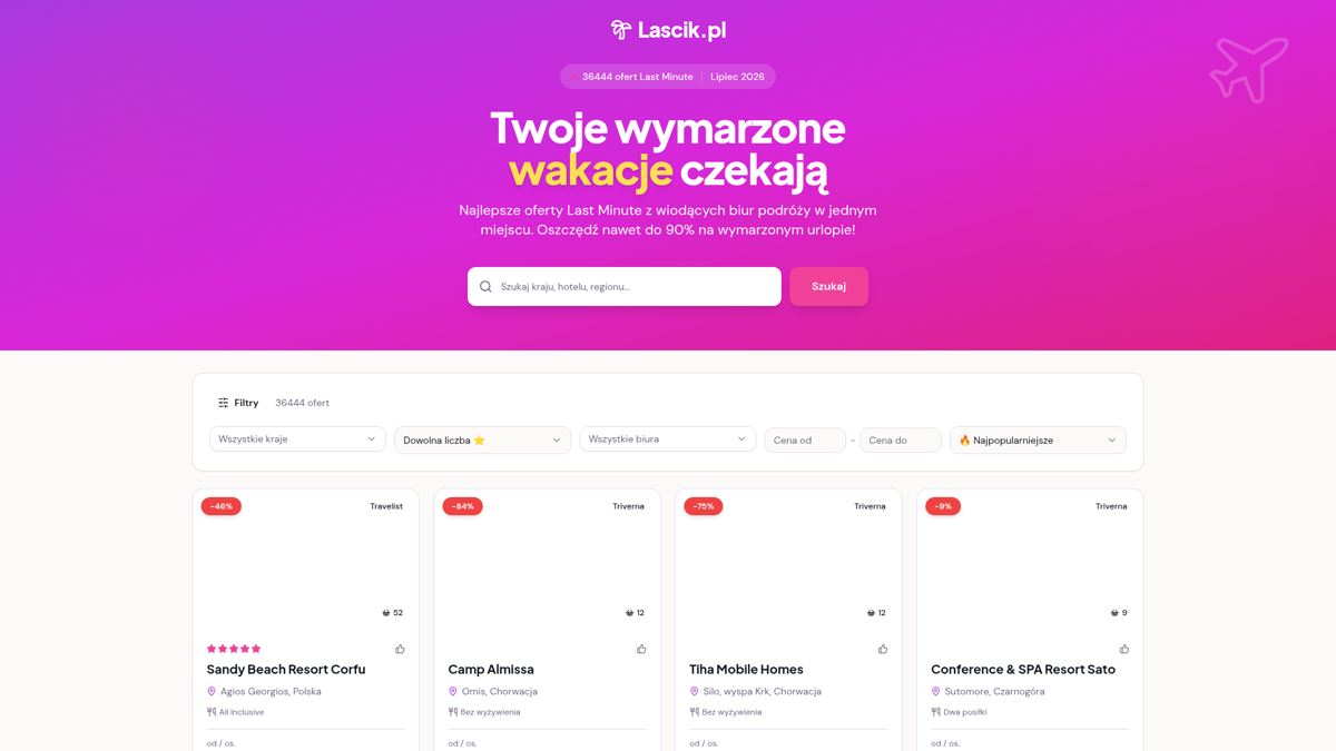 Zrzut ekranu portalu Lascik.pl (lascik.pl) — pozycja 5 w rankingu ofert wakacji last minute 1970: Wyspecjalizowany agregator wakacji last minute z dużymi rabatami.