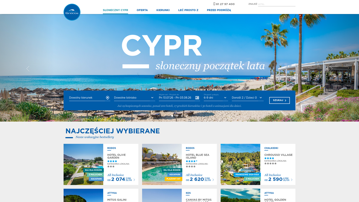 Zrzut ekranu portalu Grecos Holiday (grecos.pl) — pozycja 14 w rankingu ofert wakacji last minute 1970: Polski touroperator specjalizujący się w Grecji — greckie hotele, greccy rezydenci.