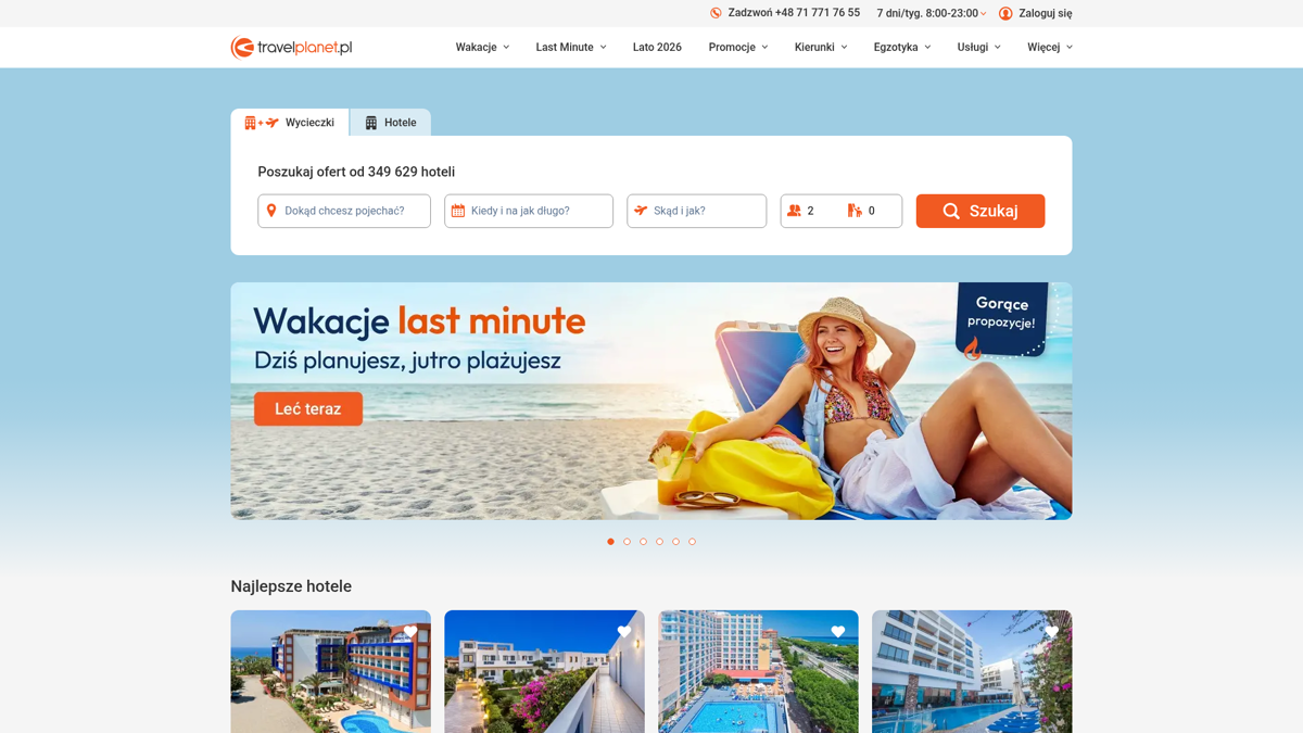 Zrzut ekranu portalu TravelPlanet.pl (travelplanet.pl) — pozycja 10 w rankingu ofert wakacji last minute 1970: Duży polski multi-agent z pełną gamą wakacji last minute.
