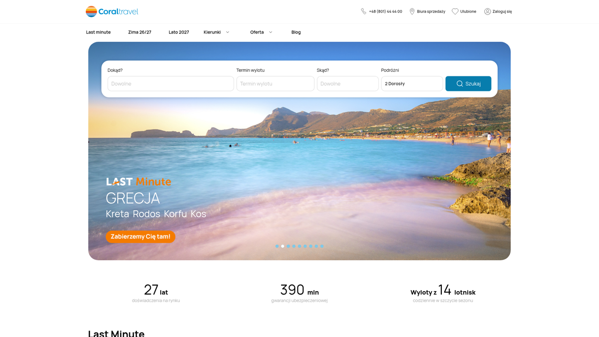 Zrzut ekranu portalu Coral Travel (coraltravel.pl) — pozycja 13 w rankingu ofert wakacji last minute 1970: Duży touroperator z Turcji z bardzo mocną ofertą w Antalyi i Bodrum.