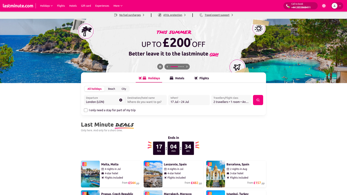 Zrzut ekranu portalu Lastminute.com (lastminute.com) — pozycja 6 w rankingu ofert wakacji last minute 1970: Ikoniczna międzynarodowa marka last minute — pakiety z Londynu, Rzymu, Madrytu.